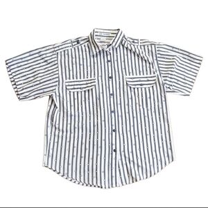 Vintage Liz Thomas Preppy Nautical Navy Stripes Button Down Summer Blouse Shirt